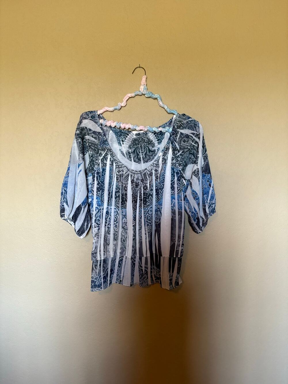 Cato Women's Blue Gray Paisley Print Short Sleeve Blouse